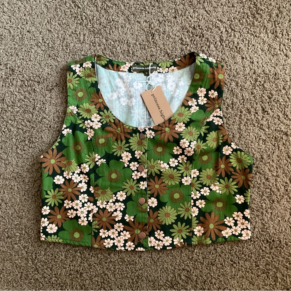 NWT~Princess Highway 60’s 70’s Inspired Green, Brown, & Cream Floral Vest, Large